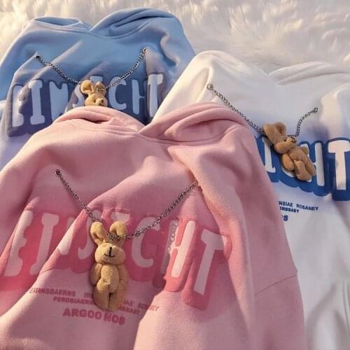 Chain Bear Oversized Hoodies Women Letter Print Sweatshirts Hooded 2021 Vintage Casual Hoodies For Teen Female Cute Streetwear