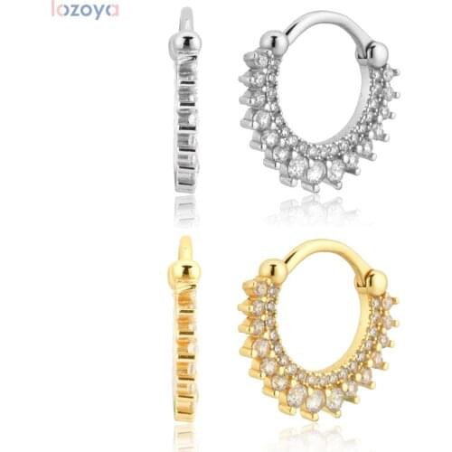 Lozoya 925 Sterling Silver Women Crystal Piercing Gold Clear Zircon CZ Hoops Luxury Circle Round Pendiente Ohrringe Earring
