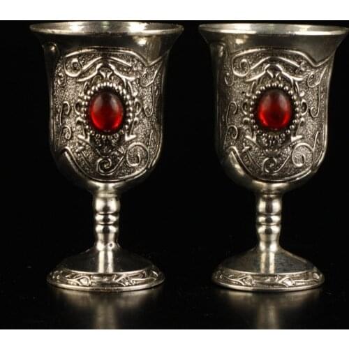 2.8" 4pcs SUPERB TIBET SILVER INLAID RUBY GOBLET WINE CUP red Jade Wine Cup Decoration 100% real Tibetan Silver Brass
