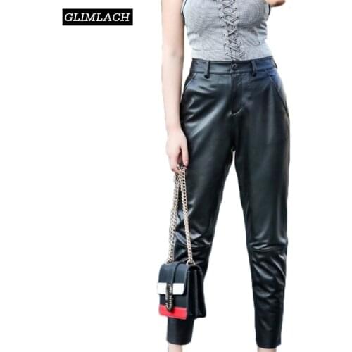 2019 Sheepskin Pencil Pants Women Genuine Leather High Waist Slim Ankle-Length Pants Lady Fashion Casual Real Leather Trousers