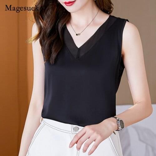 2021 Silk Solid V-neck Sleeveless Tops Sexy Satin Women Summer Blouse for Women Plus Size Office Lady Blouses Shirts Blusa 14505