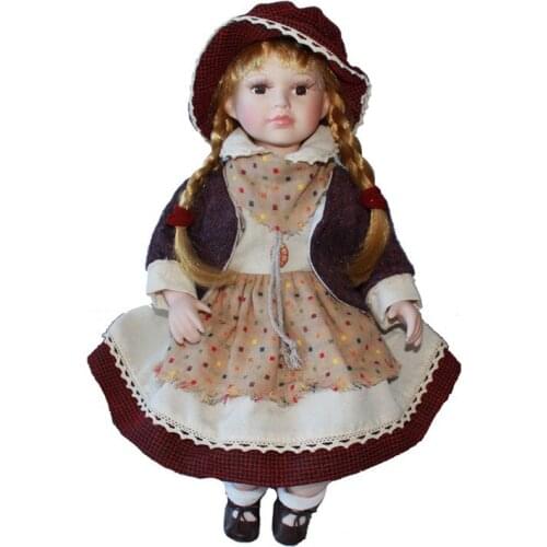 40cm brown plaid porcelain girl doll European rural Field Village ceramic doll style home decoration Christmas gifts