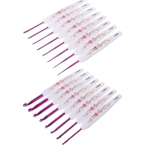 8pcs Plastic Handle Floral Aluminium Crochet Hooks Knitting Needle Set Weaving