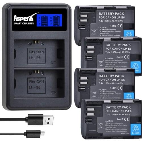 2PCS 2650mAh LP-E6 LP-E6N Battery for Canon EOS 5D Mark IV 5D2 5DS R Mark II III 3 6D 60D 60Da 7D 7DII + LCD Dual USB Charger