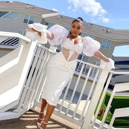 White Aso Ebi Prom Dresses Puffy Sleeves Mermaid Evening Dress Plus Size See Through African Women Formal Party Gowns