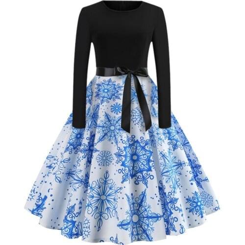 Black White Patchwork Vintage Dress Women Winter Print Christmas Dress Casual Long Sleeve Slim Elegant Party Dress Plus Size