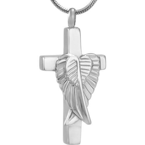 IJD9734 Wing Wrapped Cross Stainless Steel Ashes Holder Keepsake Memorial Urn Jewelry CREMATION NECKLACE for Men