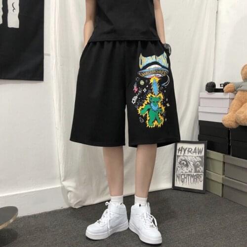 Summer INS Tide Brand Street Ladies Asymmetrical Five-Point Pants Spoof Alien Bear Printing Mens Casual Wide-Leg Unisex Shorts