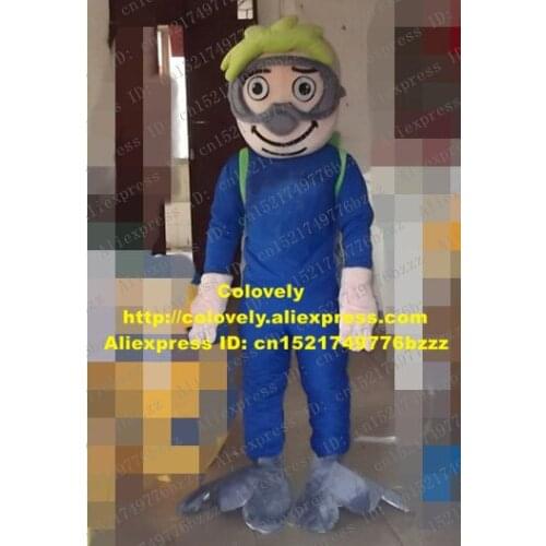Smart Blue Diver Mascot Costume Mascotte Aquanaut Frogman Adult With Large Green Oxygen Bottle Grey Glasses No.3614 Free Ship