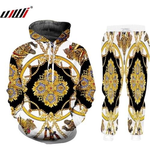 UJWI Luxury Golden 3D Print Mens Winter Jackets Suit Sports Button T-shirt Pants 2 Piece Outfits Tracksuit Men/women Set