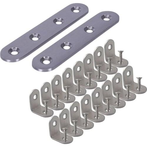 New 2Pcs Flat Stainless Steel Plate Brackets Support & 16Pcs Brace Corner Steel Joint Right Angle Bracket Fastener