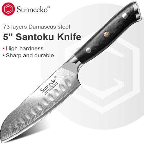 Sunnecko 5" Santoku Knife Damascus Razor Sharp Blade G10 Handle Japanese VG10 Steel Kitchen Knives Fruit Vegetable Slicer Tool