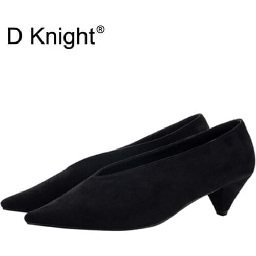 Spring Autumn Tip V Mouth Women Pumps Shoes Pu Leather/ Flock Grandma Office Ladies Shoes Small Thin Heels Slip On Womens Shoes