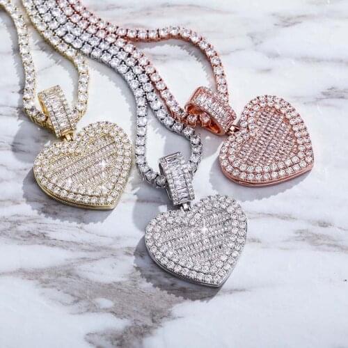 Hip Hop AAA Cubic Zirconia Pave Bling Ice Out Heart Shape Photo Frame Memory Medallions Pendant Necklaces for Men Rapper Jewelry