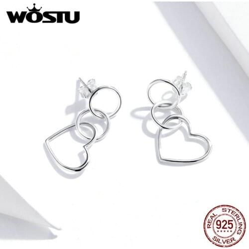 WOSTU Fashion 925 Sterling Silver Stud Earrings Love of Heart Crystal Earrings for women New jewelry Girl 2020