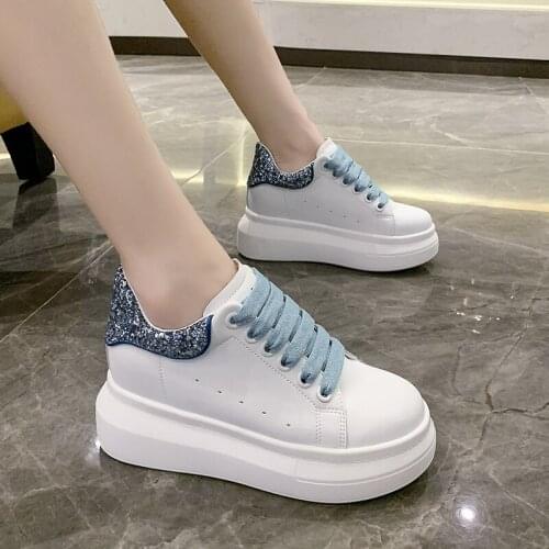 Brand Sneakers Women Lace Up Casual White Shoes Fashion Sequins Design Platform Sneakers Women Height Increase Vulcanize Shoes
