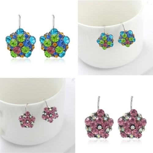 Color crystal stitching flower earrings Pink blue rhinestone ladies delicate earrings Romantic jewelry