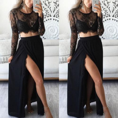 2 Pieces Sexy Women Black Lace Dress Evening Party Long Sleeve Tranparent Crop Top womens suit two piece set costume