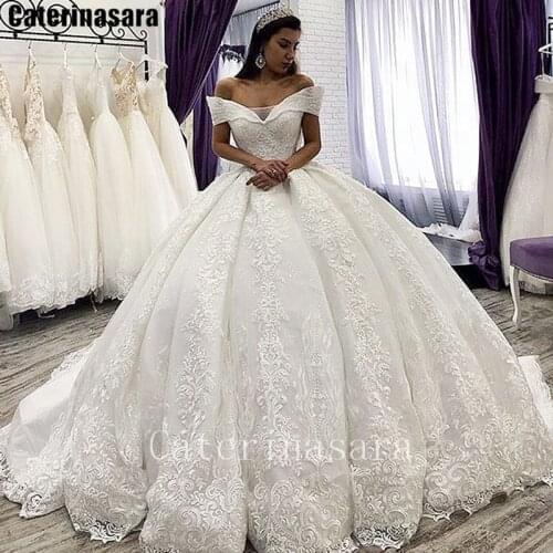Off-the-Shoulder Lace Applique Wedding Dress for Women 2021 Court Train Bridal Ball Gown
