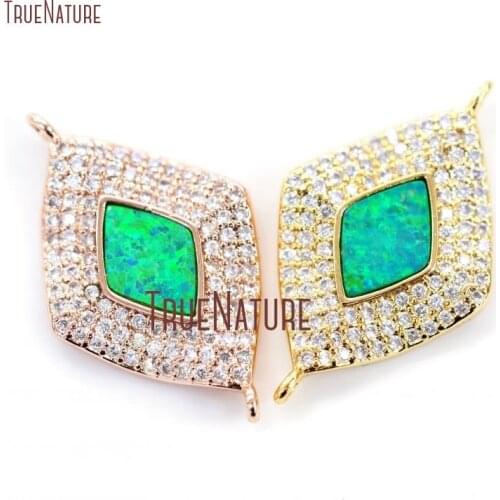 10Pcs Rhombus Shape Opal Clear Zircon Micro Pave Gold Color, Rose Gold Rhombus Shape Double Bail Pendant Online 27x17mm PC14128