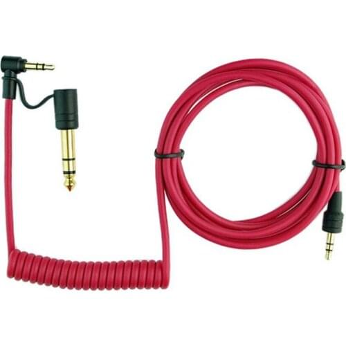 Audio cable 90 degree right angled 3.5mm and 6.35mm (1/4 Inch) Stereo Audio Plug to 6.35mm Stereo Plug Stretch Cable Red color