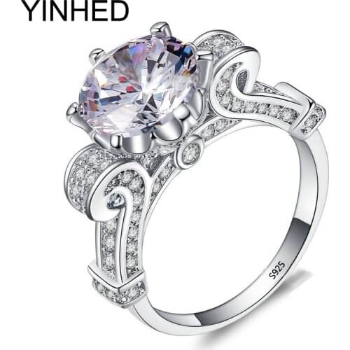 YINHED Brand Wedding Rings for Women Luxury 5A 10mm Cubic Zirconia CZ Jewelry Solid Sterling 925 Silver Engagement Ring ZR289