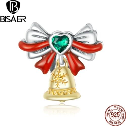 BISAER Jingle Bell Beads 925 Sterling Silver Christmas Happy Charms Pendant Fit DIY Original Bracelet Necklace Jewelry ECC1668
