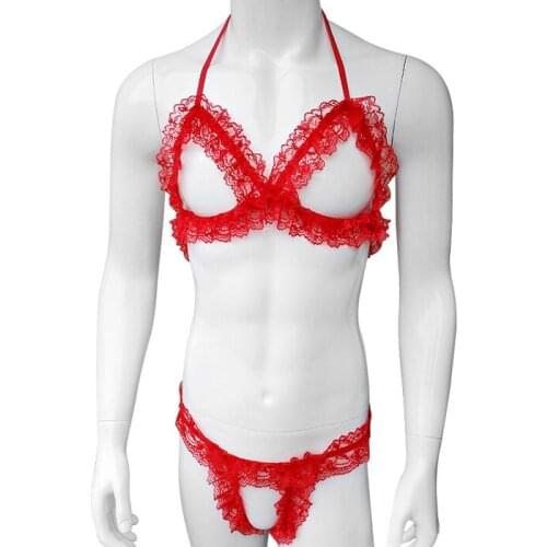 Gay Men Soft Ruffles Lace Sissy Sexy Lingerie Set Underwear Hollow out Exotic Apparel Erotic Bra Top Set with Jockstrap