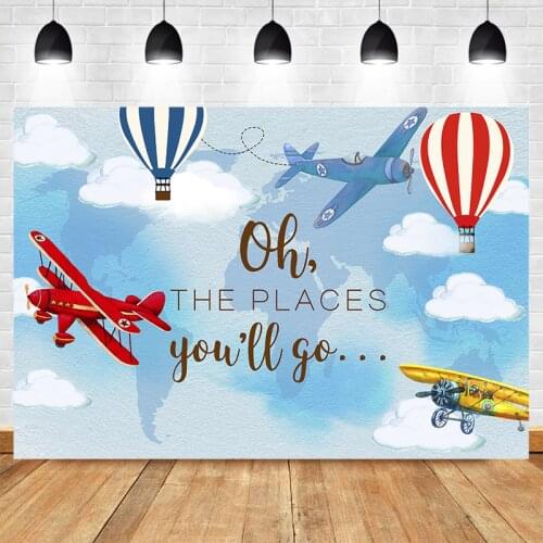 Baby Shower Backdrop for Hot air Balloon Vintage Airplane Photography Background Boy Adventure 1st Birthday Personalized Poster