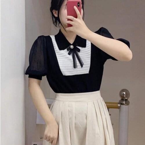 20469 the film web celebrity figure party brought the bow color matching sweater [2000] 34 with short sleeves