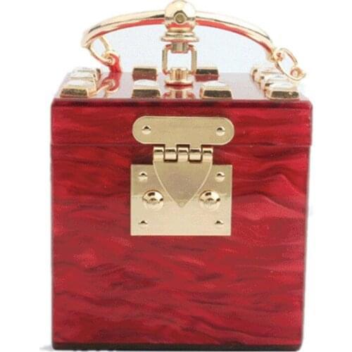 Red Acrylic Metal Ring Design Women Handbag Box Shape Evening Bags Mini Party Clutch Purse Diamond Decor Handbags
