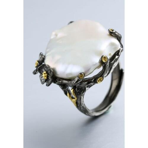 2019 new fashion jewelry s925 silver inlaid natural baroque pearl ring Thai silver do old retro rings