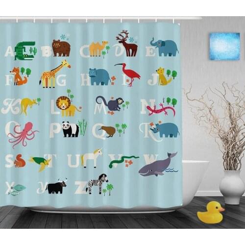 Educational Alphabet Baby Nursery Shower Cutains Cute Animals Decor Kids Bathroom Curtains Polyester Waterproof Fabric With Hook