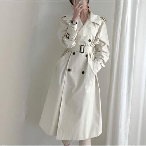 2020 Spring Autumn Womens Coat Overcoat Windbreaker Female Double Breasted Long Chic White Khaki Trench Coats