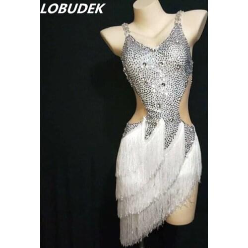 Silver Rhinestones White Tassels Dress Sexy Crystals Latin Dance Dress Fashion Show Performance Costume Competition Stage Wear