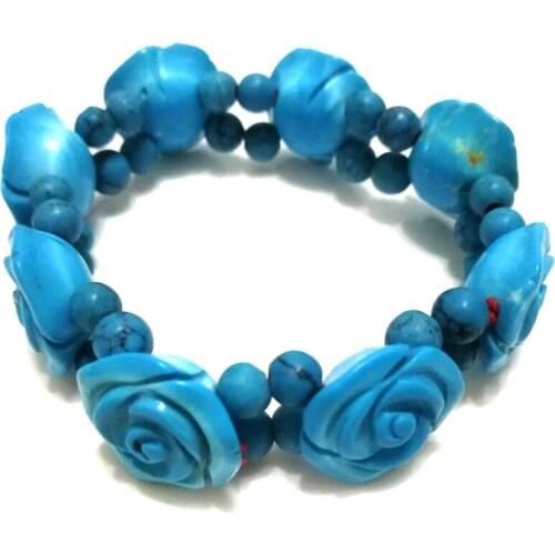 8 inches Stretch Style 10*30mm Blue Flower Shaped Man Hand Carved Natural Turquois Bracelet