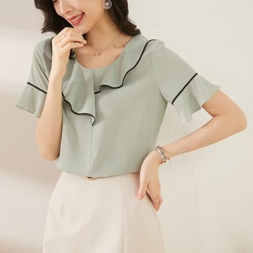 Women Spring Summer Style Chiffon Blouses Shirts Lady Casual Short sleeve Lotus sleeve Tops O collar