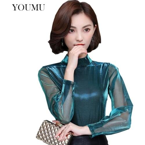 Women Office Lady T-Shirts Transparent Mesh Undershirt Full Sleeve Stand Neckline Slim Fashion Tops Streetwear New 038-A593