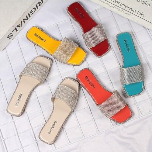 High Quality women summer new water drill square head fashion crystal flat slippers street wear cool fashion sandals