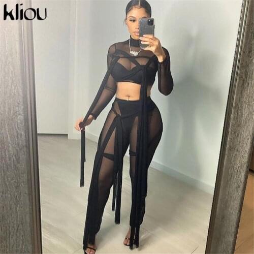 Kliou Ribbons Hipster Sheer Mesh Sexy Two Piece Set Women 2021 Turtleneck Crop Top+Pants Solid Street Style Matching Outfits Hot