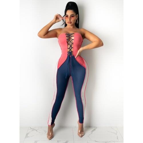 2021 High Quality New Design Jumpsuits Patchwork Bandage Slash Neck Strapless Summer Sexy Bodycon Rompers