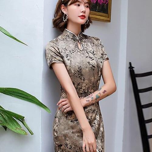 Women Short Sleeve Floral Print Slit Hem Brocade Traditional Chinese Cheongsam Midi Dress 2020 New Wedding Evening Party Gown