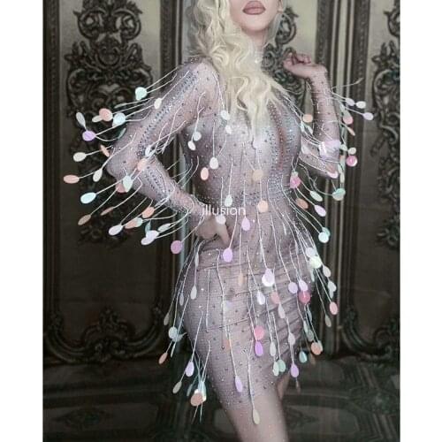 Colorful Sequin Tassel Rhinestone Dress Women Birthday Evening Celebrate Party Dress Sexy Skinny One-piece Dance Stage Costume