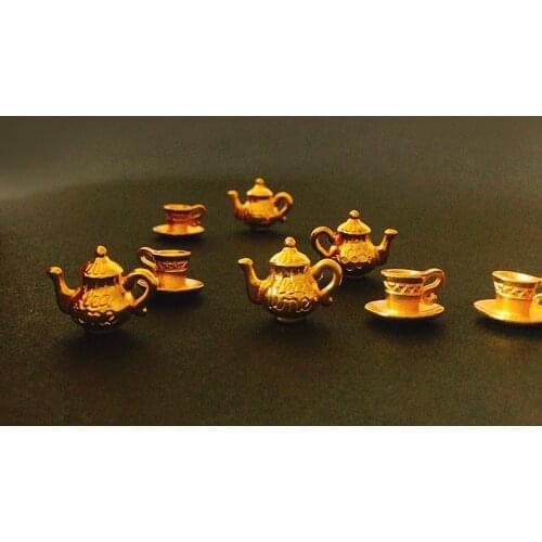 Golden tea cup/silver kettle/miniatures dinnerware/cute/fairy garden gnome/moss terrarium decor/bonsai/figurine/doll house