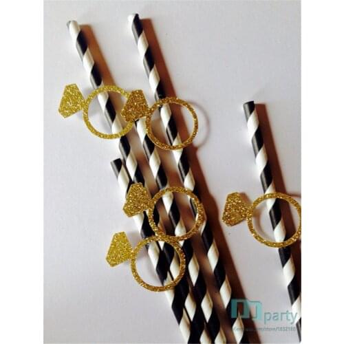 20Pack of black white straws with gold glitter diamond ring. engagement party, black - gold party, wedding, birthday party