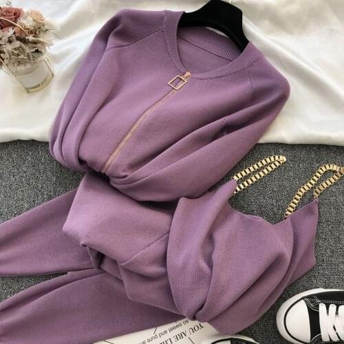2021 Knitted Sets Womens Outfits Long Sleeve Jacket Cardigans Tank Top Chain Zipper 3pcs Pants Set Loungewear Women Streetwear
