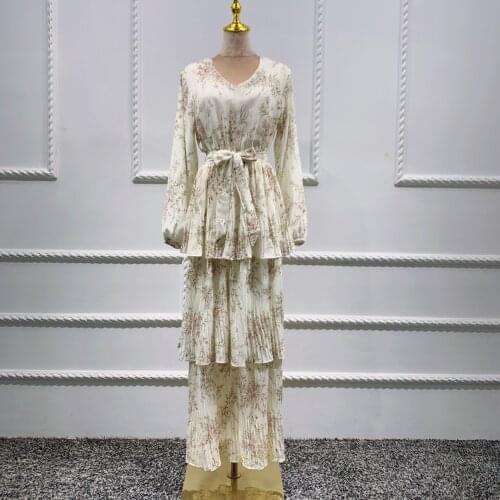 Aligaia Fashion Pleated Cake Print Dress For Women 2021 Summer New Dubai Turkey Muslim Hijab Dress Islam Clothing Dresses Robe