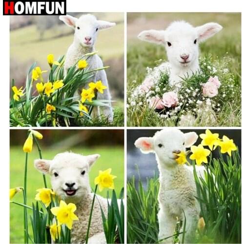 HOMFUN Diy 5d Diamond Painting "Lamb & Flower Landscape" Cross Stitch Square Round Diamond Embroidery Handwork Rhinestone Art