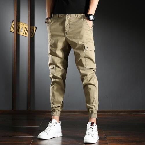 Fashion Cargo Pants Men Korean Streetwear Casual Khaki Cotton Ankle-Length Trousers