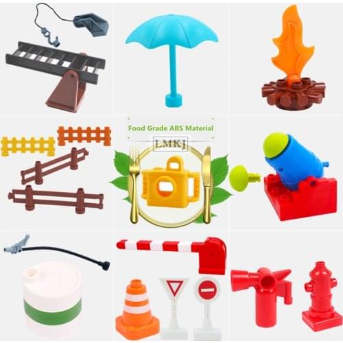 DIY Kid Toys Traffic Signs Fire Extinguisher Fence Building Blocks Accessories Ladder Camera Parts Bricks